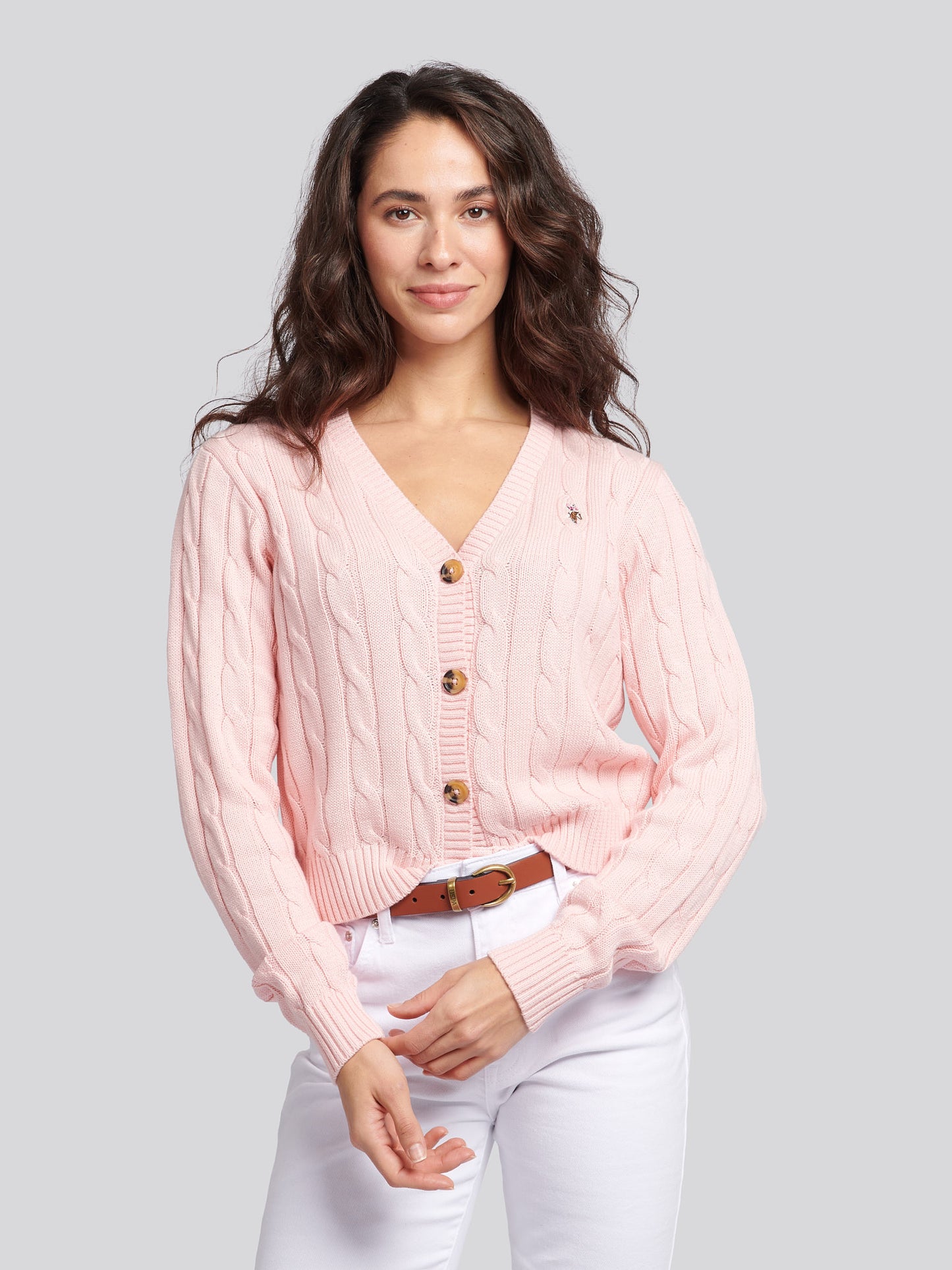 Womens Cable Knit Cardigan in Crystal Rose