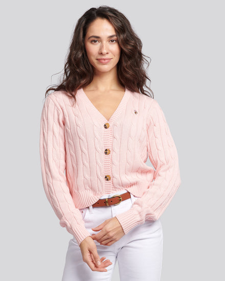 Womens Cable Knit Cardigan in Crystal Rose