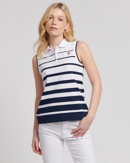 Womens Stripe Sleeveless Polo Shirt Navy Iris
