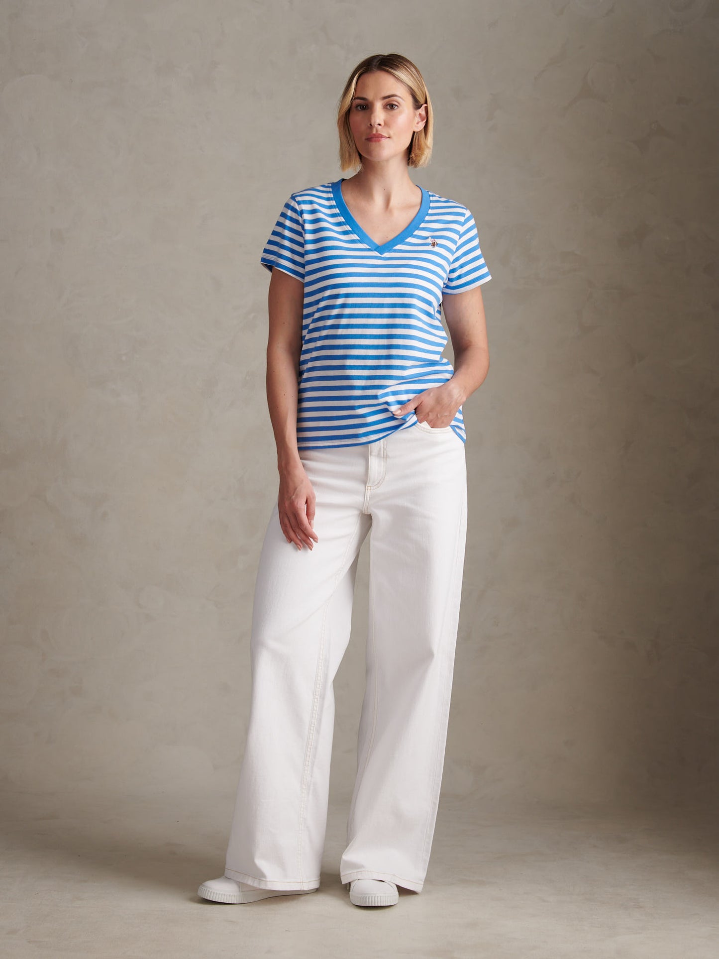 Womens Stripe V-Neck Neck T-Shirt in Regatta Blue
