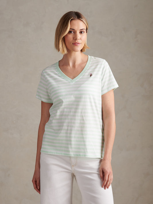 Womens Stripe V-Neck Neck T-Shirt in Misty Jade