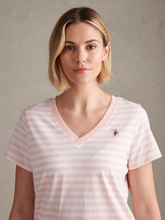 Womens Stripe V-Neck Neck T-Shirt Crystal Rose