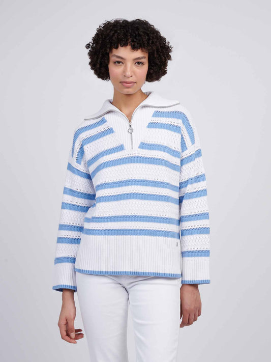 Women Pointelle Stripe 1/4 Zip Skiew w Vista Blue
