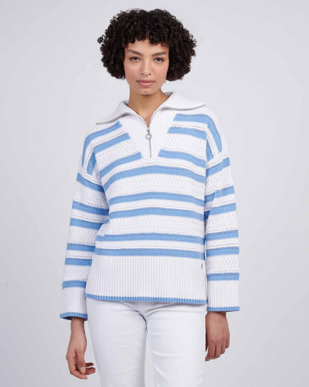 Women Pointelle Stripe 1/4 Zip Skiew w Vista Blue