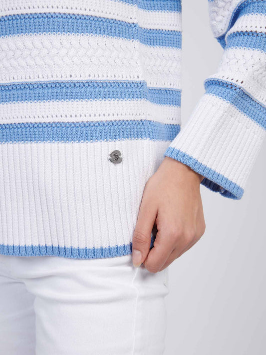 Women Pointelle Stripe 1/4 Zip Skiew w Vista Blue