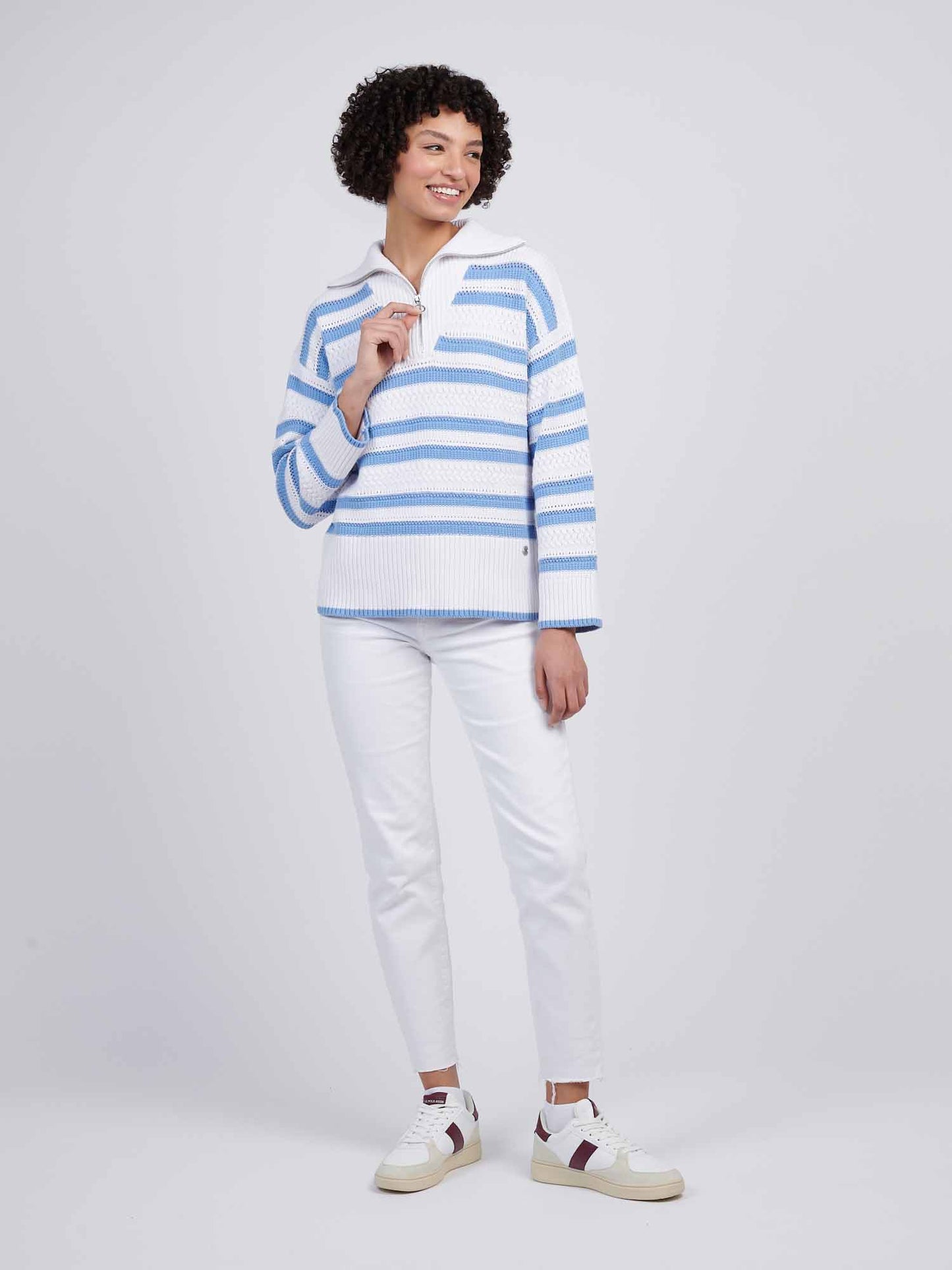Women Pointelle Stripe 1/4 Zip Skiew w Vista Blue