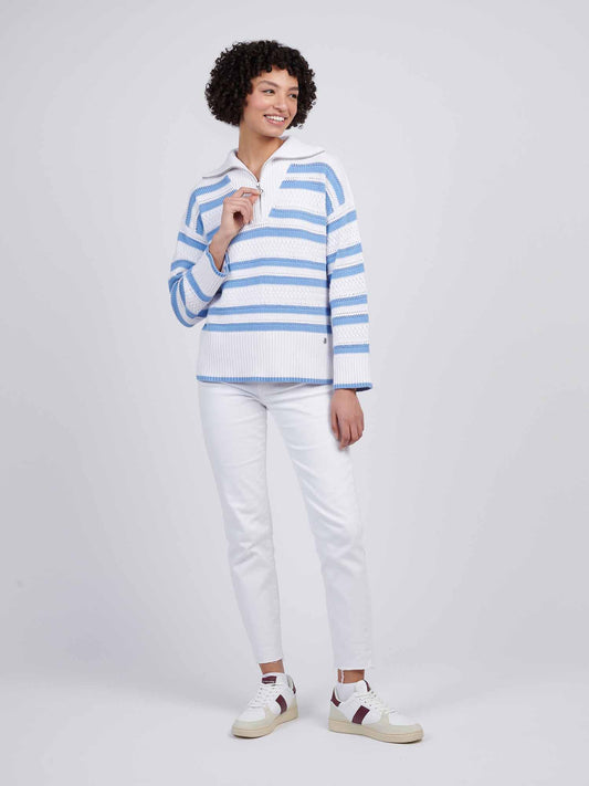 Women Pointelle Stripe 1/4 Zip Skiew w Vista Blue