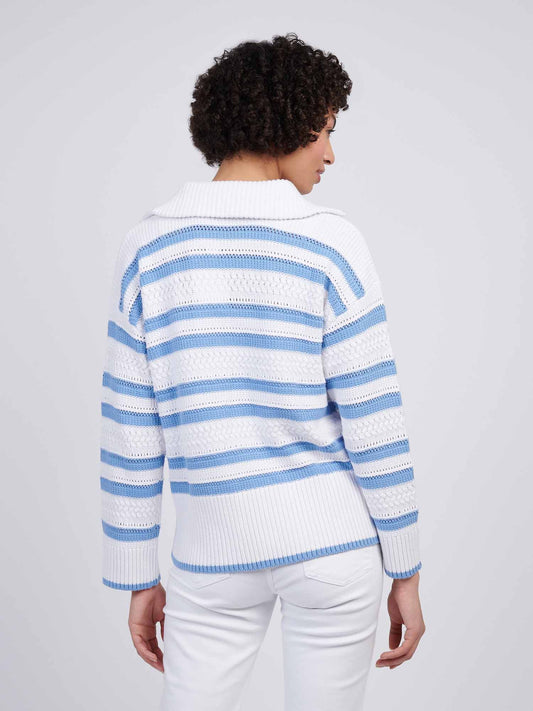 Women Pointelle Stripe 1/4 Zip Skiew w Vista Blue