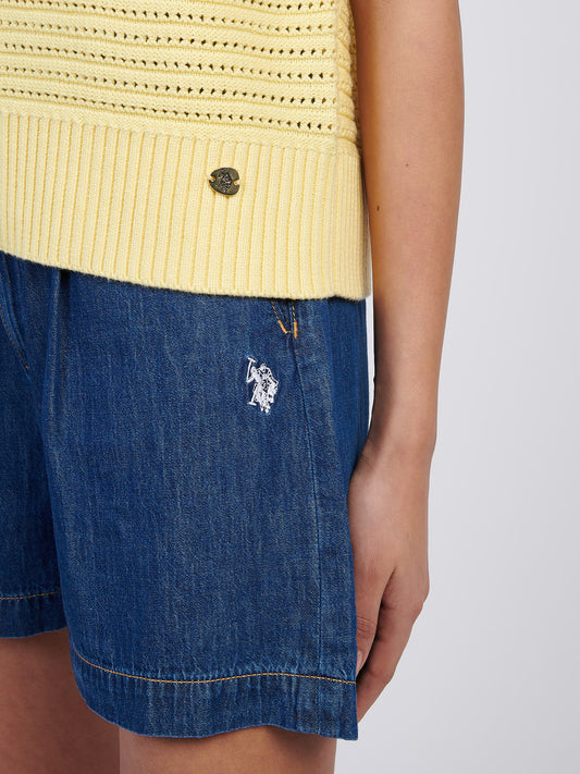 Women Open Knit Shorko z krótkim rękawem w łagodnym żółtym