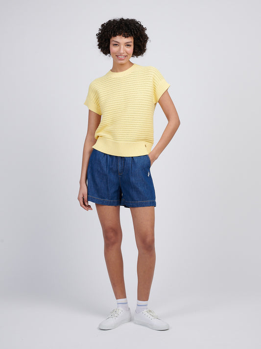 Women Open Knit Shorko z krótkim rękawem w łagodnym żółtym