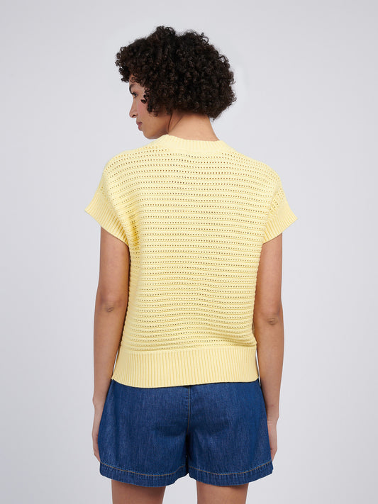 Women Open Knit Shorko z krótkim rękawem w łagodnym żółtym