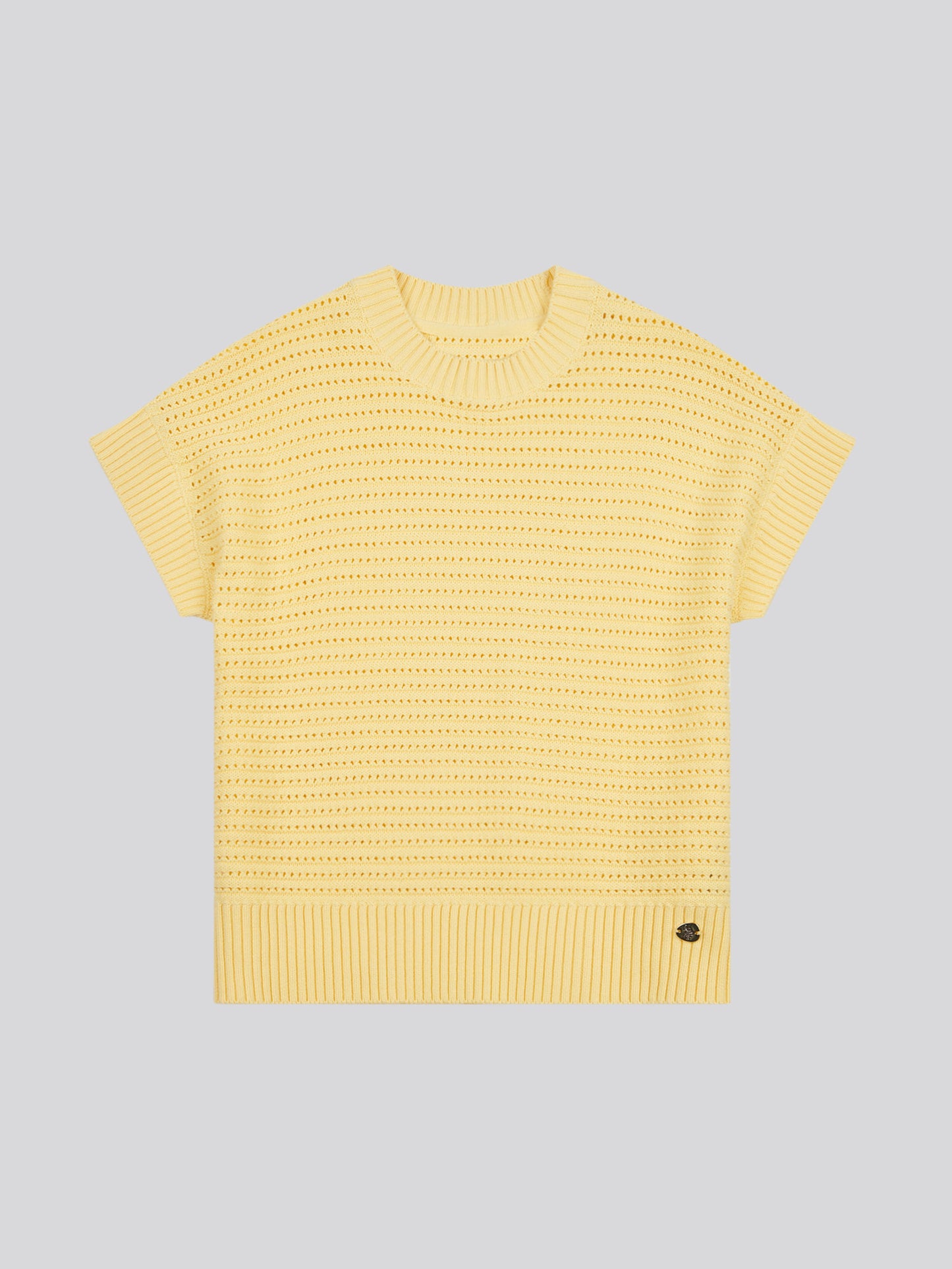 Women Open Knit Shorko z krótkim rękawem w łagodnym żółtym
