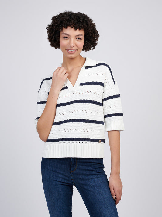 Women Open Color Stripe Pointelle Jumper w granatowej tęczówce