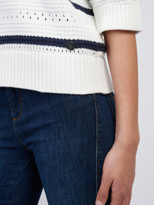 Women Open Color Stripe Pointelle Jumper w granatowej tęczówce