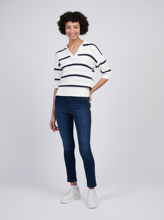 Women Open Color Stripe Pointelle Jumper w granatowej tęczówce