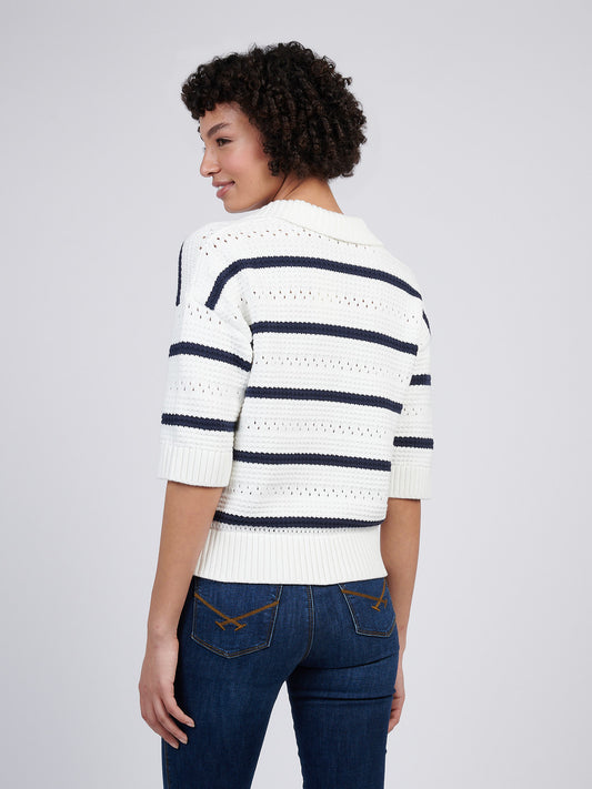 Women Open Color Stripe Pointelle Jumper w granatowej tęczówce