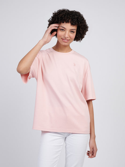 T-shirt damski podwójny jeźdźcy luźne załoga w kryształowej róży