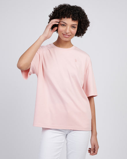 T-shirt damski podwójny jeźdźcy luźne załoga w kryształowej róży