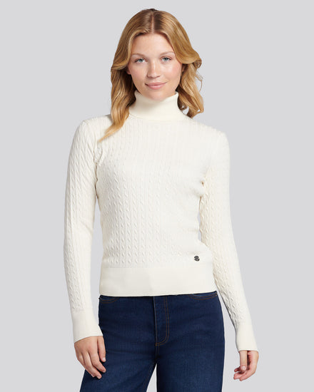 Womens Fine Cable Roll Neck Jumper in Egret
