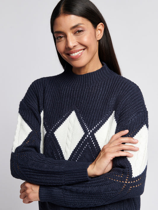 Womens Cable Argyle Mock Neck Jumper in Navy Iris
