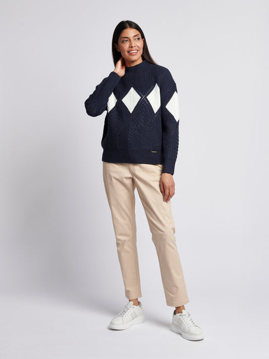 Womens Cable Argyle Mock Neck Jumper in Navy Iris