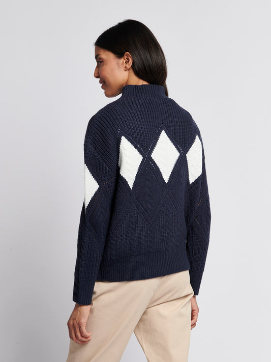 Womens Cable Argyle Mock Neck Jumper in Navy Iris