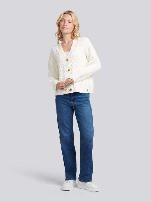 Womens Aran Cable Cardigan in Marshmallow