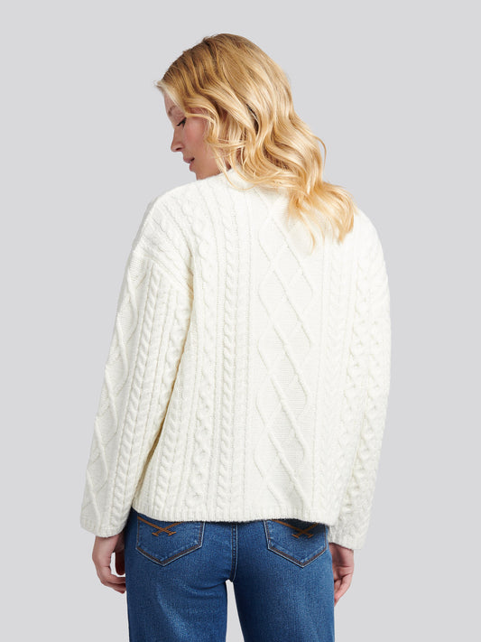 Womens Aran Cable Cardigan in Marshmallow