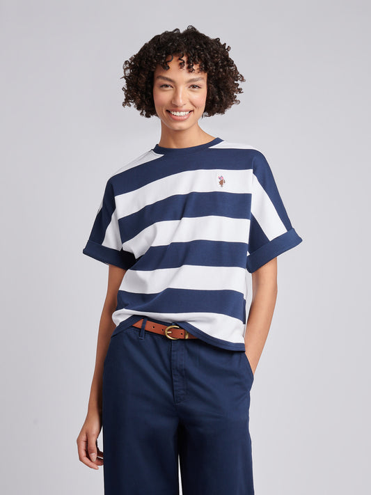 Duży pasek uprawiany na rękawie tee granatowa tęczówka