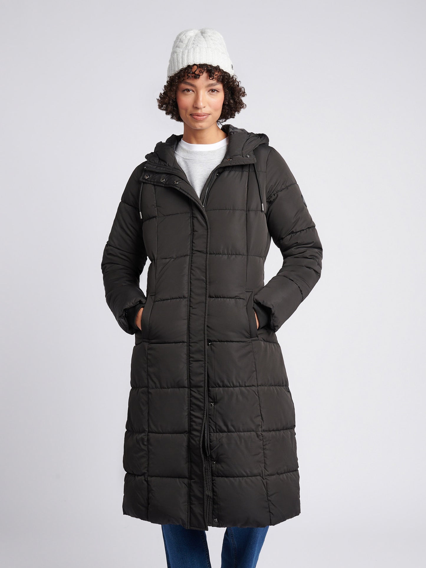 Longline Square Quilt Puffer Coat Black