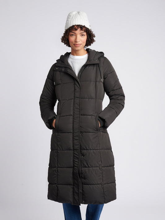 Longline Square Quilt Puffer Coat Black