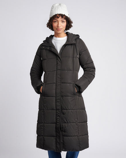 Longline Square Quilt Puffer Coat Black