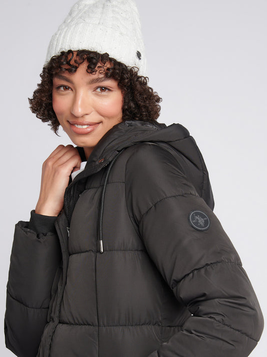 Longline Square Quilt Puffer Coat Black
