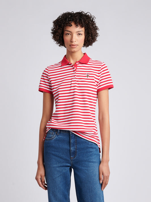 Womens Contrast Collar Stripe Polo Shirt in Jalapeno Red