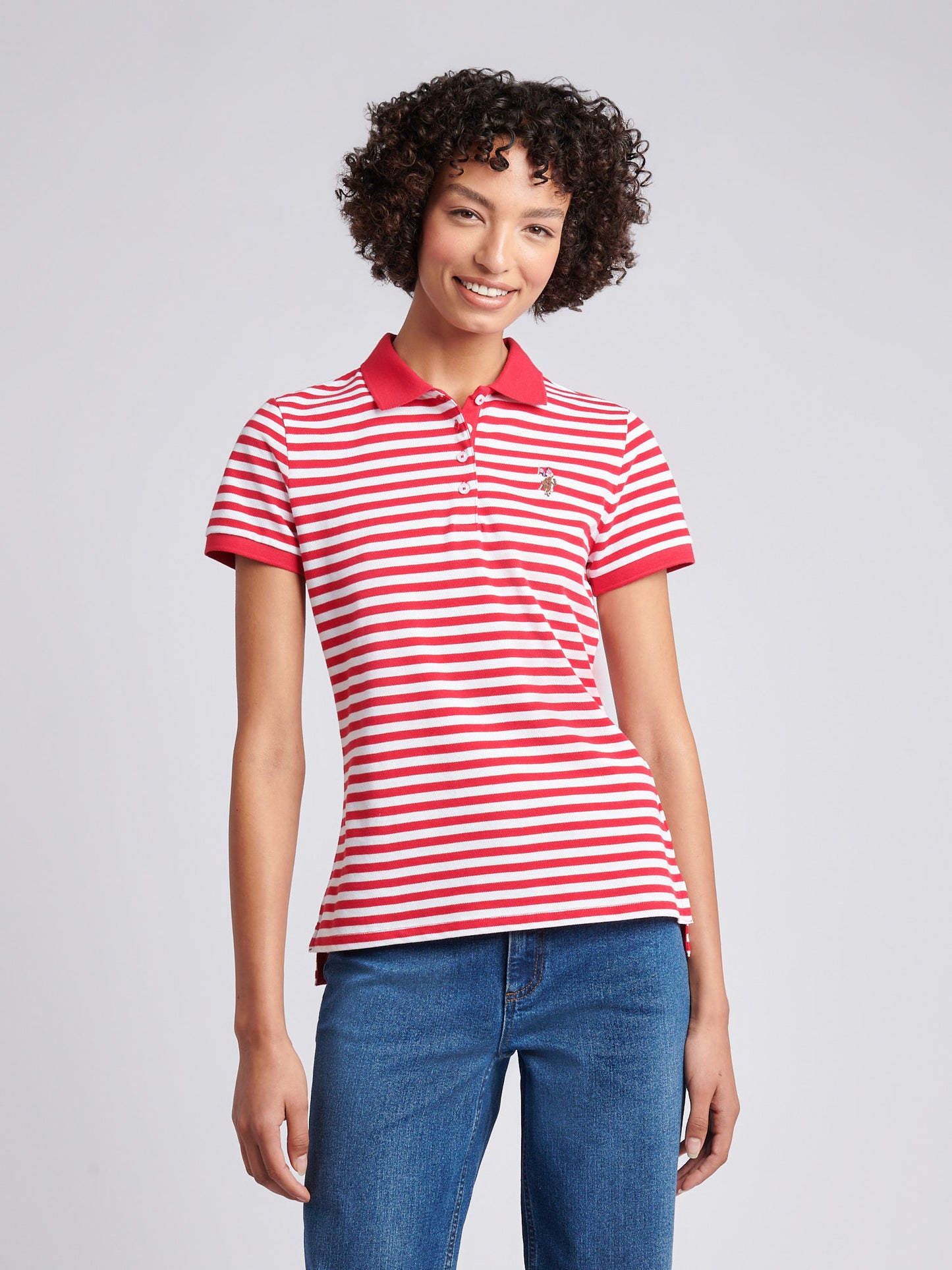 Womens Contrast Collar Stripe Polo Shirt in Jalapeno Red