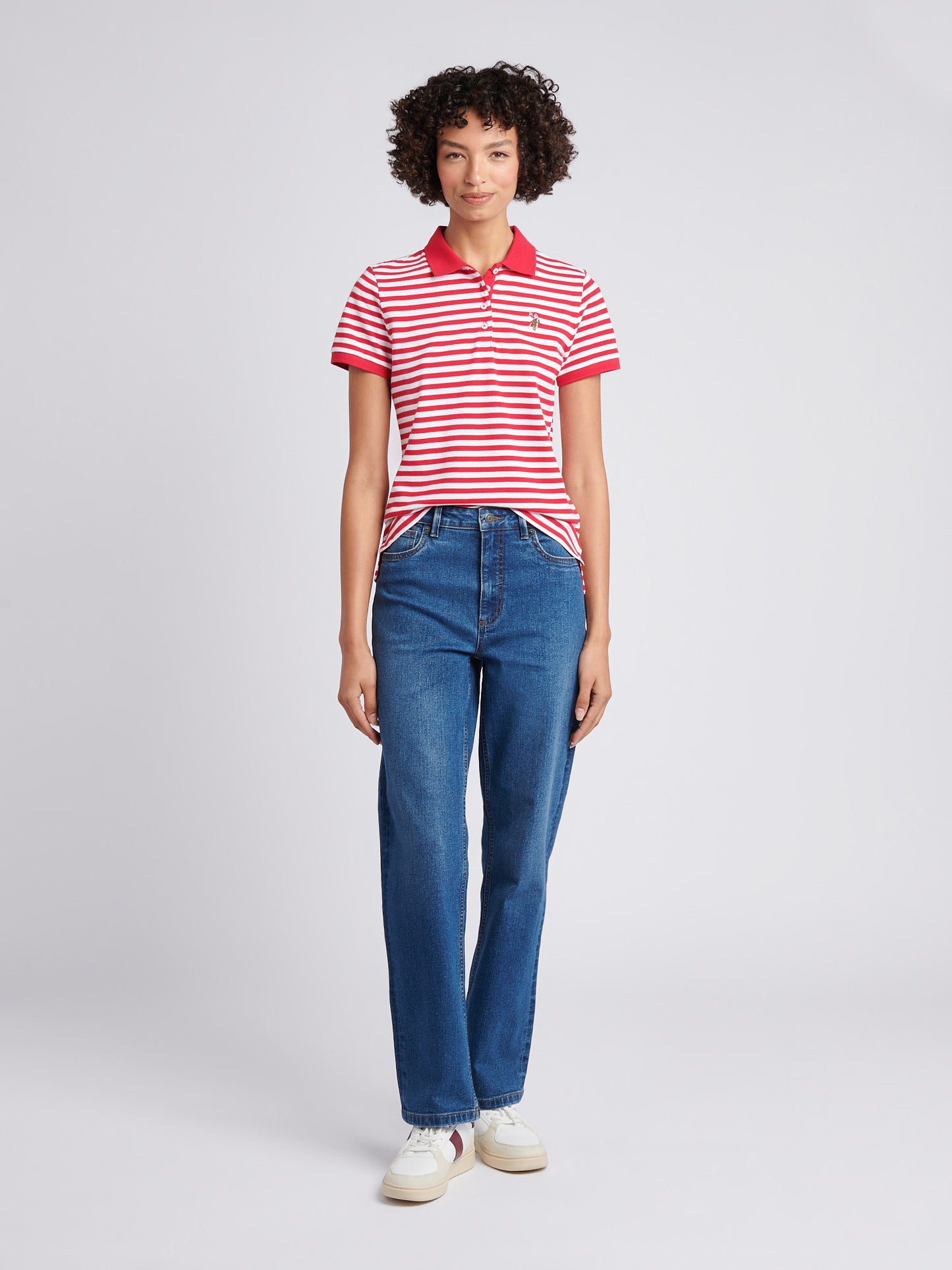 Womens Contrast Collar Stripe Polo Shirt in Jalapeno Red