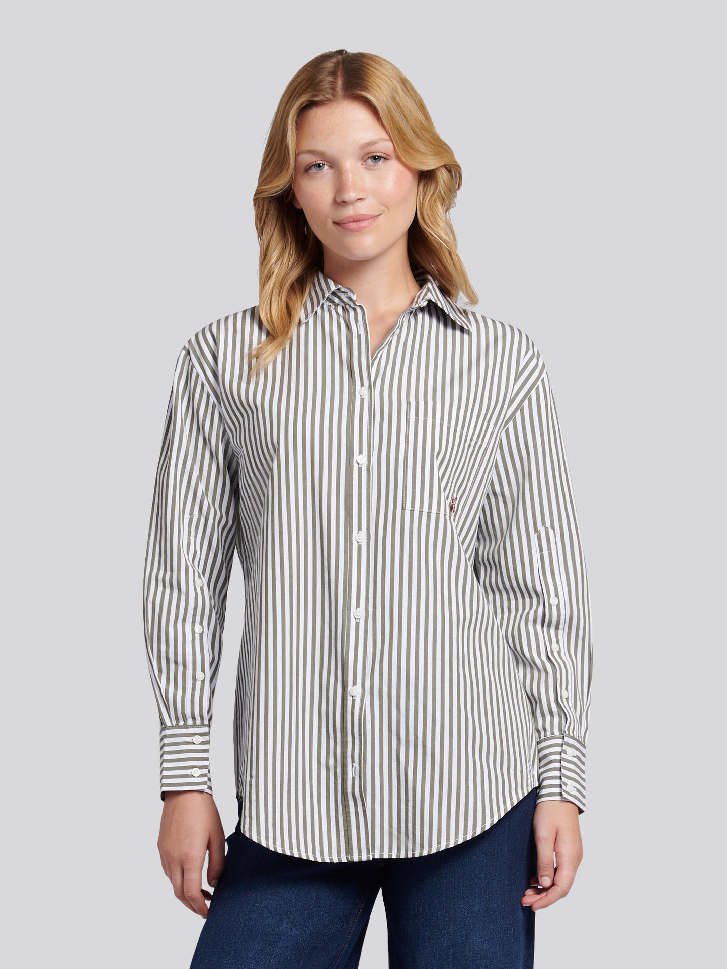 Womens Cotton Poplin Loose Fit Stripe Shirt in Kalamata Green