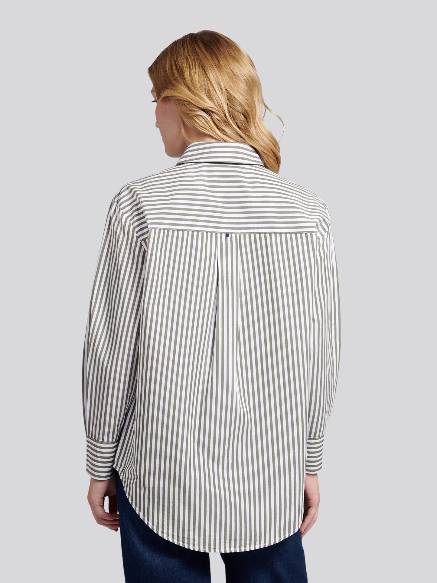 Womens Cotton Poplin Loose Fit Stripe Shirt in Kalamata Green