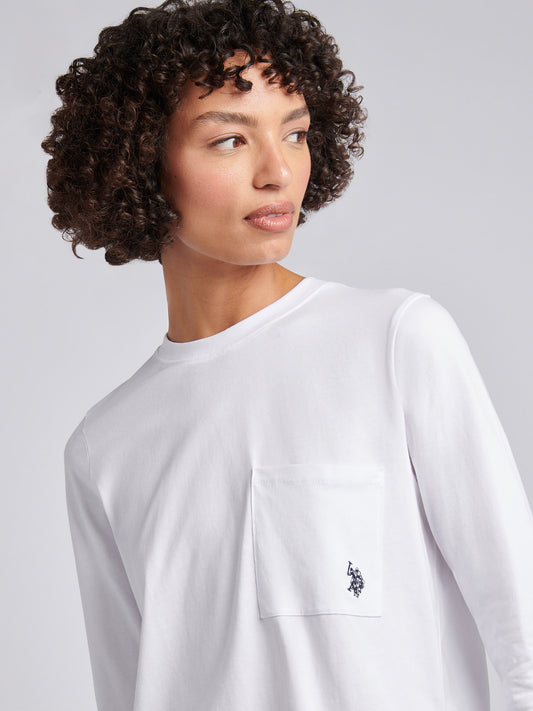Womens Long Sleeve Pocket T-Shirt in Bright White