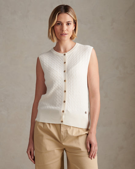 Womens Sleeveless Cable Knit Cardigan Marshmallow