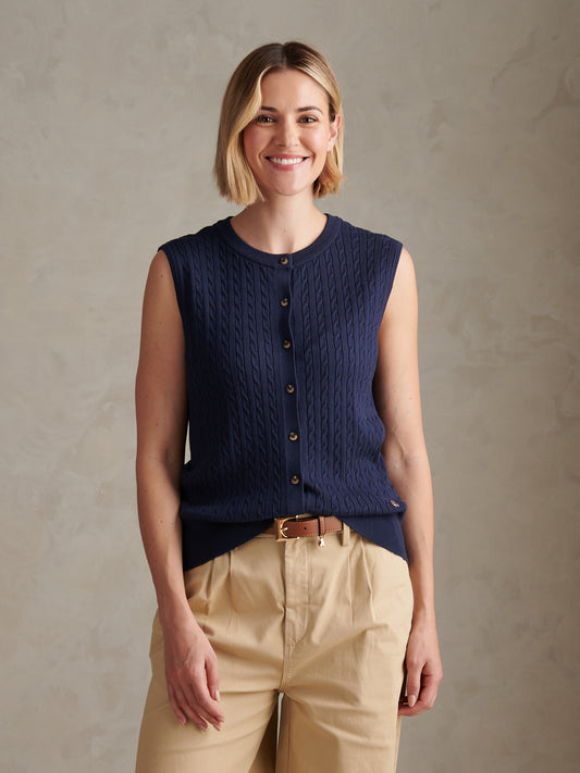 Womens Sleeveless Cable Knit Cardigan Navy Iris