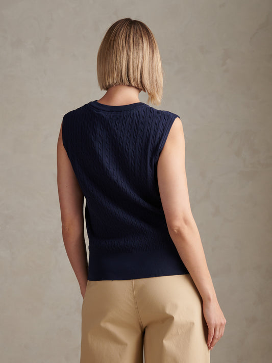 Womens Sleeveless Cable Knit Cardigan Navy Iris