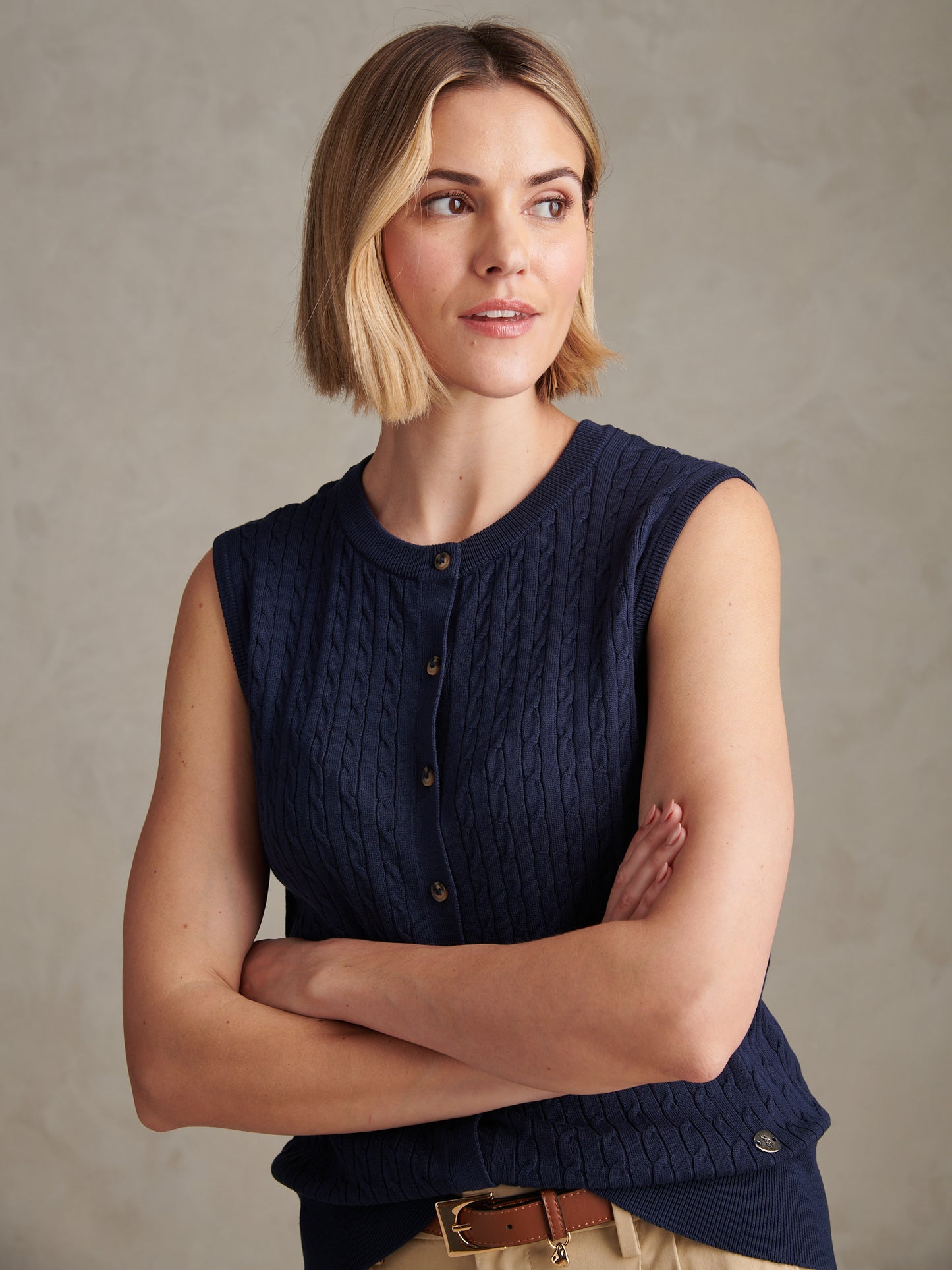 Womens Sleeveless Cable Knit Cardigan Navy Iris