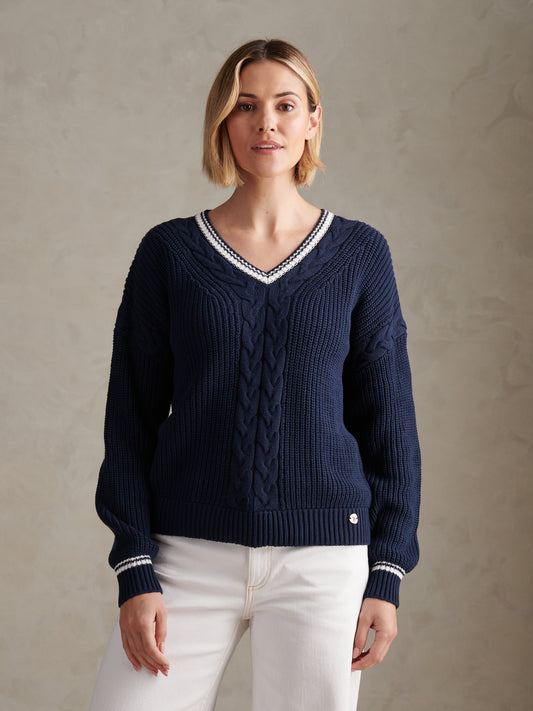 Womens Braid Cable Cricket Jumper Navy Iris