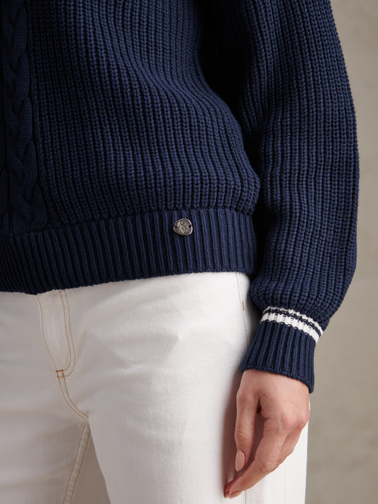 Womens Braid Cable Cricket Jumper Navy Iris