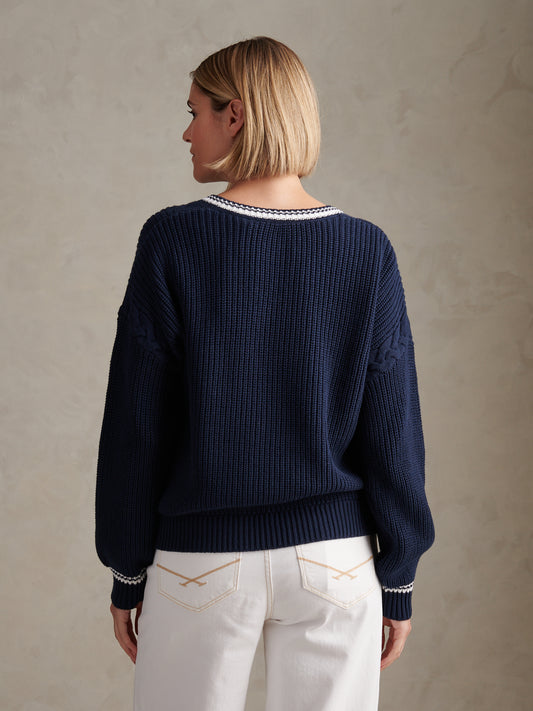 Womens Braid Cable Cricket Jumper Navy Iris
