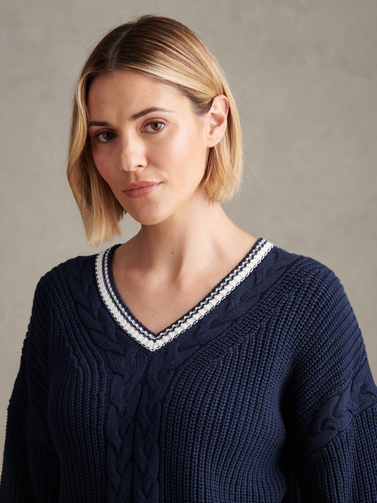 Womens Braid Cable Cricket Jumper Navy Iris