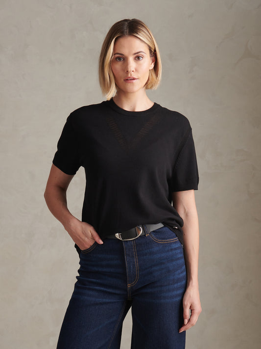 Womens Short Sleeve Textured Knit Tee Black