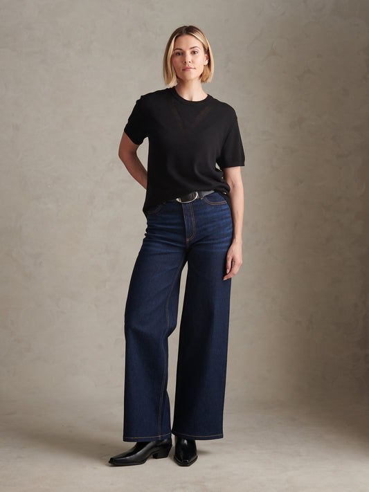 Womens Short Sleeve Textured Knit Tee Black