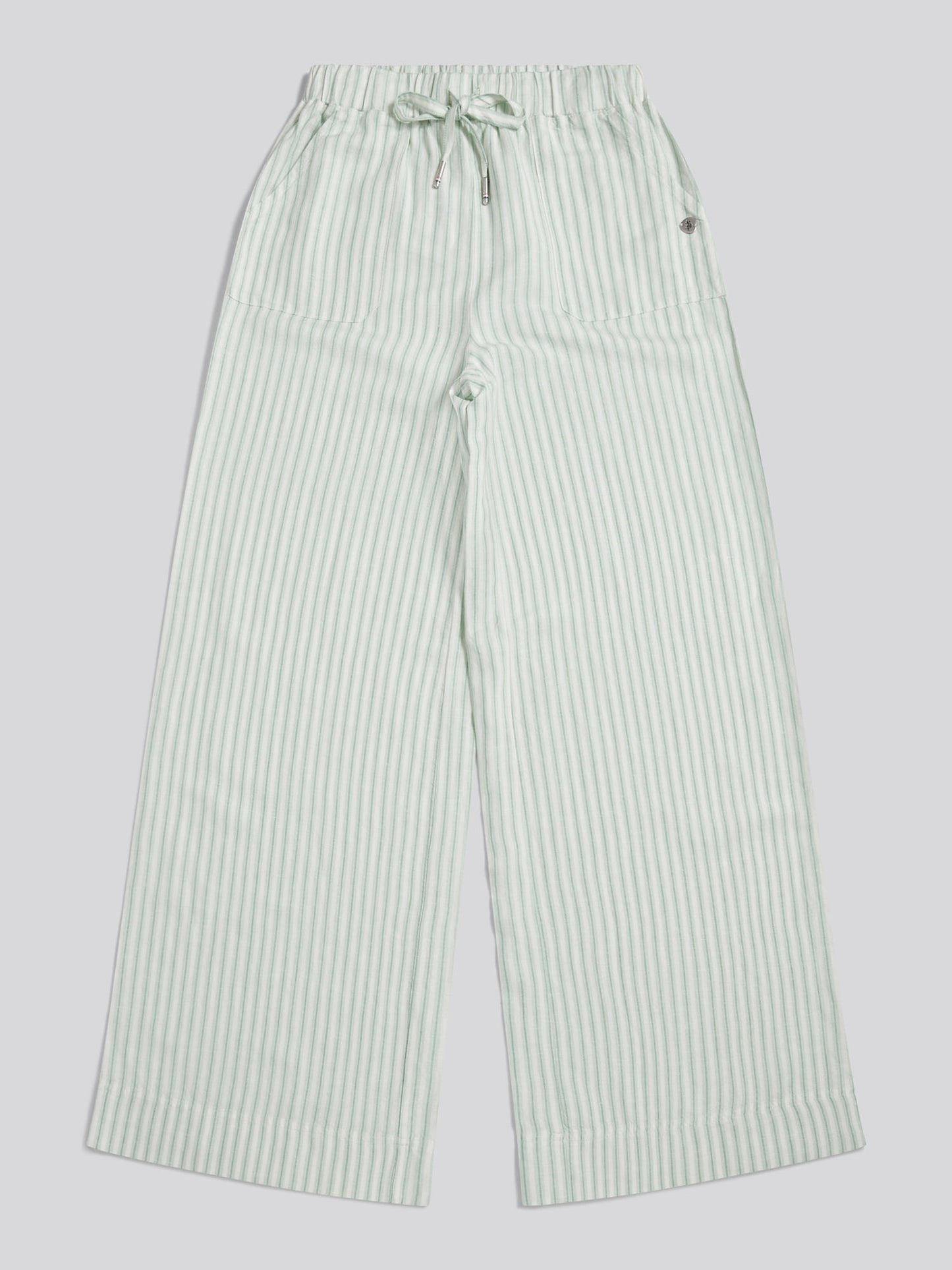 Womens Linen Stripe Drawstring Wide Leg Trousers Misty Jade
